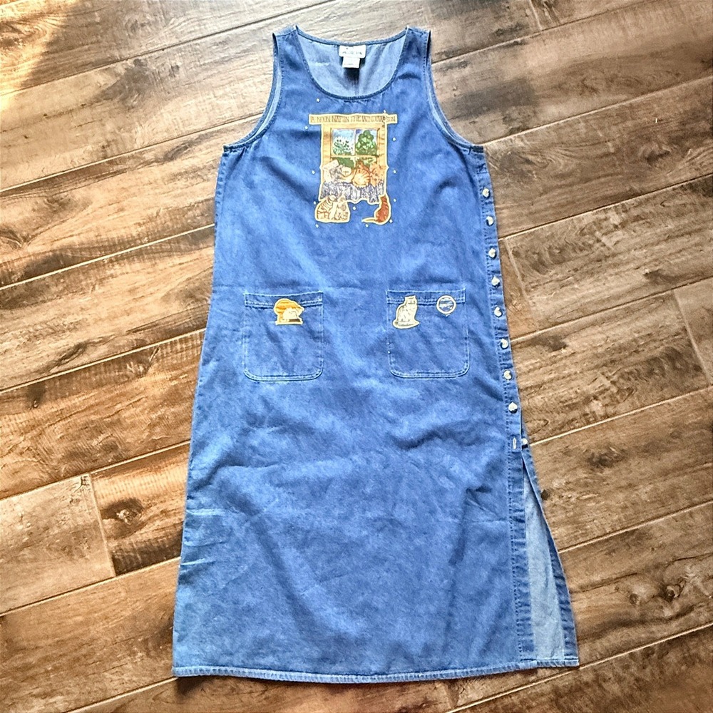 Quacker Factory VTG Women's Cat Nap Embroidered Denim Maxi Jumper Dress, Blue, L